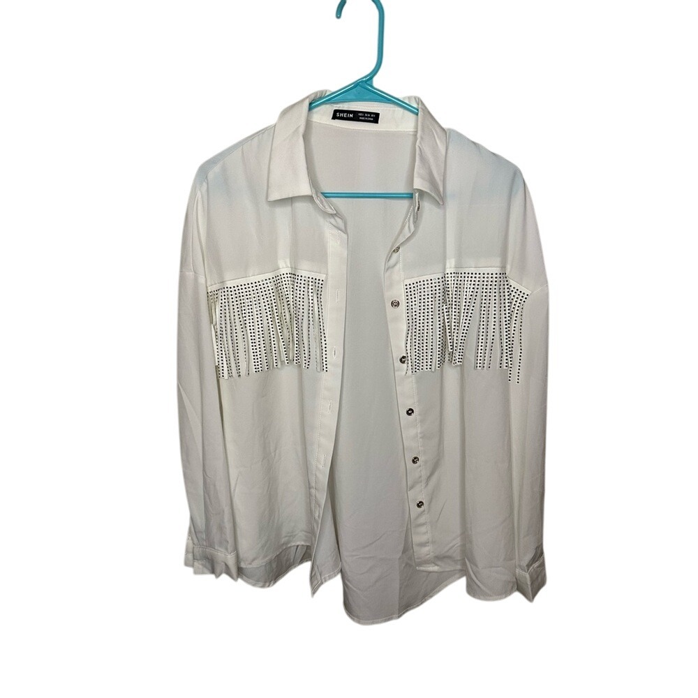 Shein White Fringe Embellished Long Sleeve Button‎ Down Shirt